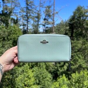 COACH Long Zip-Around Green/Blue Pebble Leather Wallet Silver Hardware AUTHENTIC